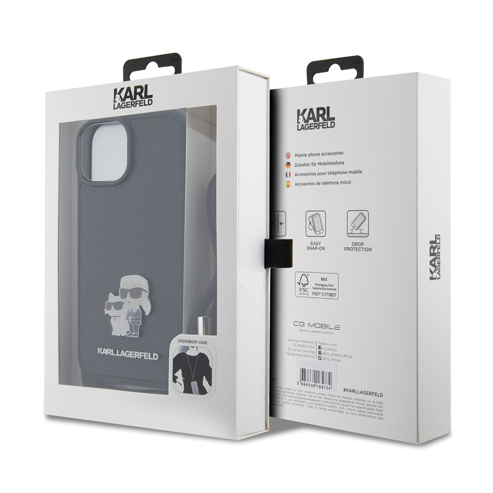 Husa pentru Apple iPhone 15 Plus, Karl Lagerfeld, Saffiano Crossbody Metal Pin Karl & Choupette, Neagra