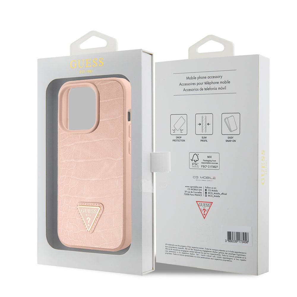 Husa pentru Apple iPhone 15 Pro, Guess, Croco Triangle Metal Logo, Roz