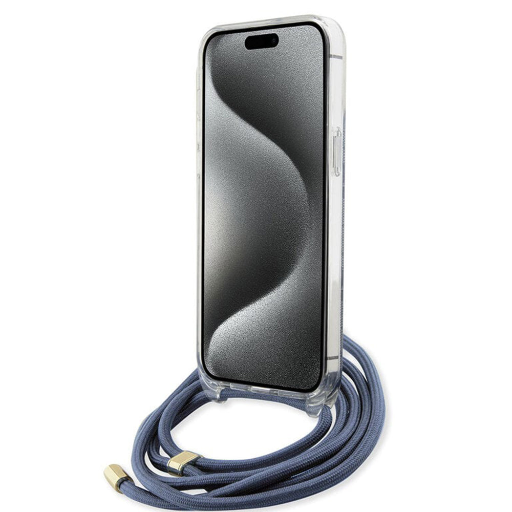 Husa pentru Apple iPhone 15 Pro, Guess, Crossbody Cord 4G Print, Albastra