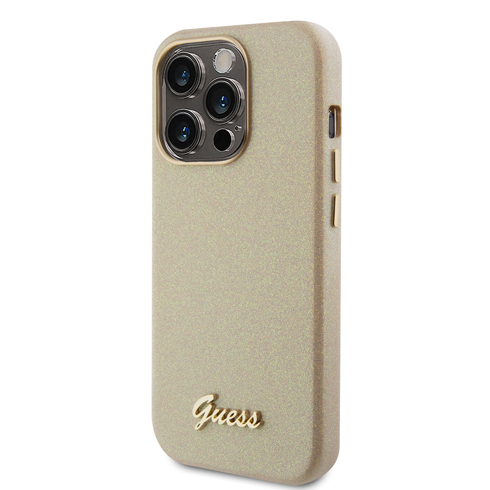Husa pentru Apple iPhone 15 Pro, Guess, Glitter Glossy Script, Bej