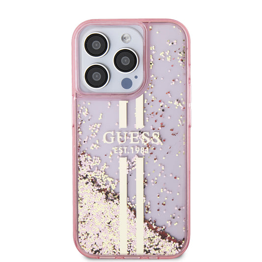 Husa pentru Apple iPhone 15 Pro, Guess, Liquid Glitter Gold Stripes, Roz