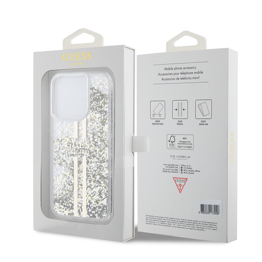 Husa pentru Apple iPhone 15 Pro, Guess, Liquid Glitter Gold Stripes, Transparenta