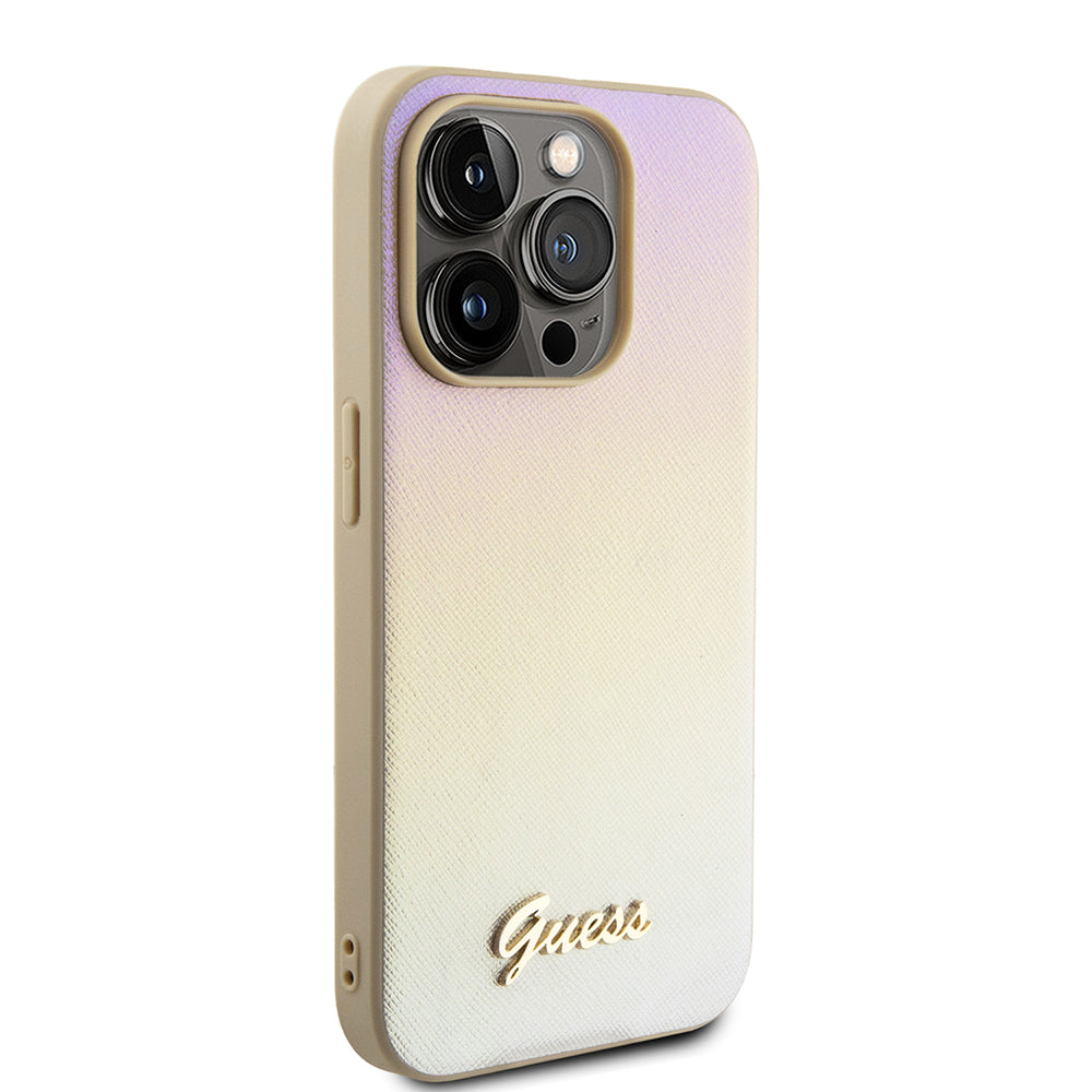 Husa pentru Apple iPhone 15 Pro, Guess, Saffiano Iridescent Script, Aurie