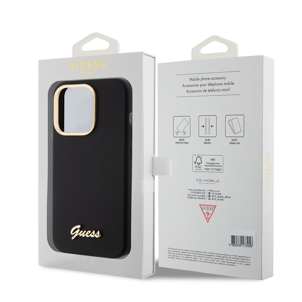 Husa pentru Apple iPhone 15 Pro, Guess, Script Metal Logo & Frame, Neagra