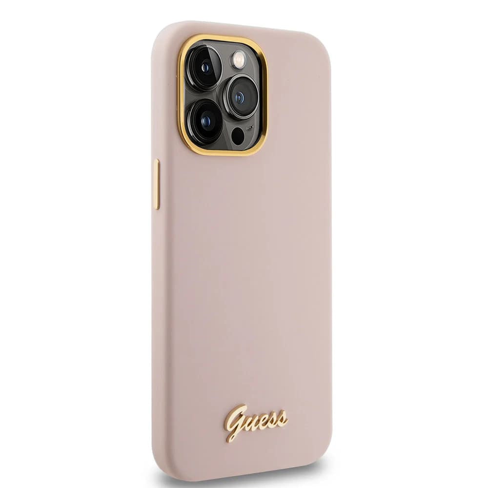 Husa pentru Apple iPhone 15 Pro, Guess, Script Metal Logo & Frame, Roz Deschis