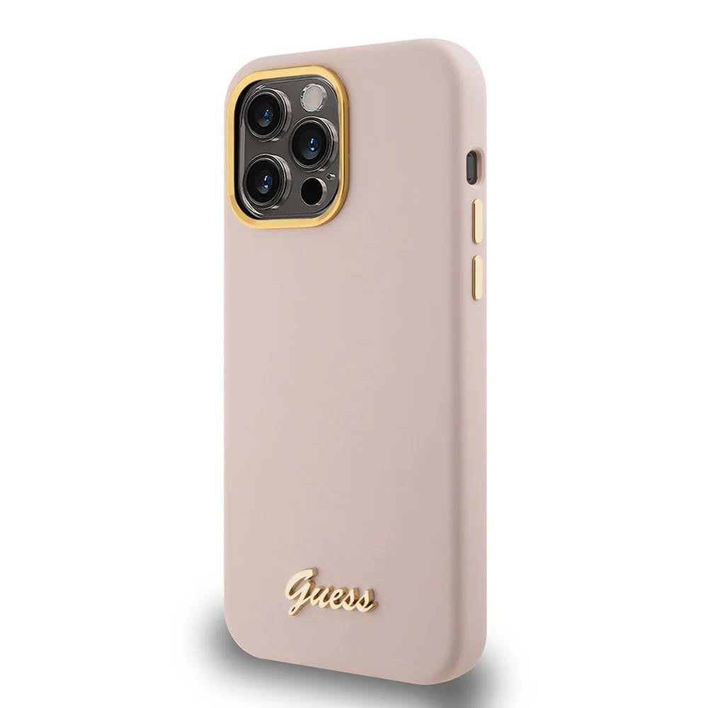 Husa pentru Apple iPhone 15 Pro, Guess, Script Metal Logo & Frame, Roz Deschis
