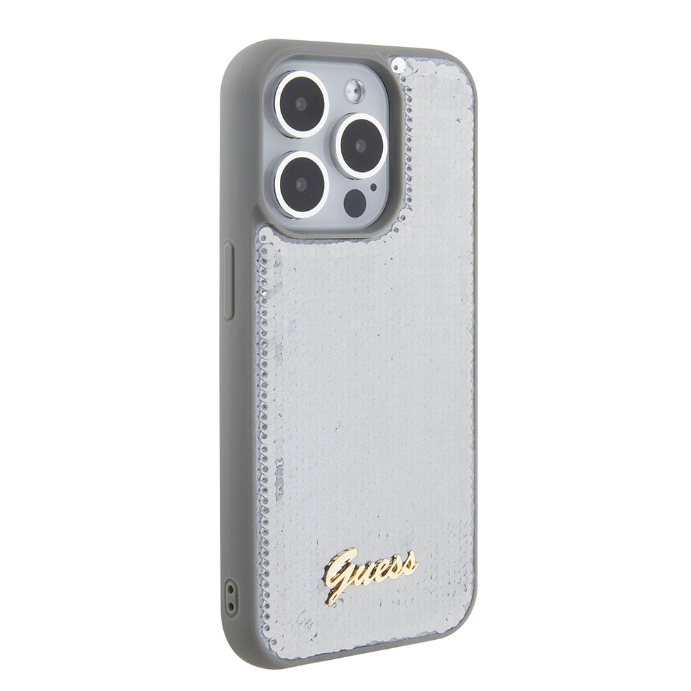 Husa pentru Apple iPhone 15 Pro, Guess, Sequin Script Metal, Argintie
