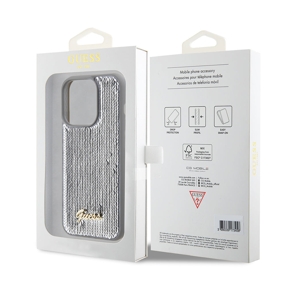 Husa pentru Apple iPhone 15 Pro, Guess, Sequin Script Metal, Argintie