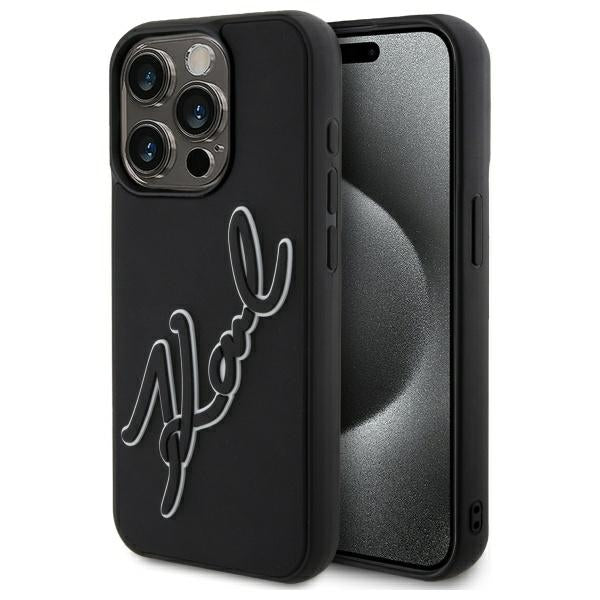 Husa pentru Apple iPhone 15 Pro, Karl Lagerfeld, 3D Rubber Signature, Neagra