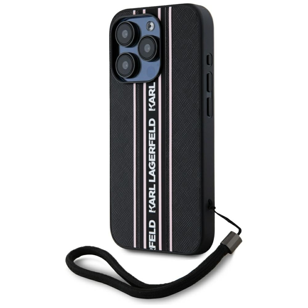 Husa pentru Apple iPhone 15 Pro, Karl Lagerfeld, Saffiano Athleisure Stripes with Strap, Roz