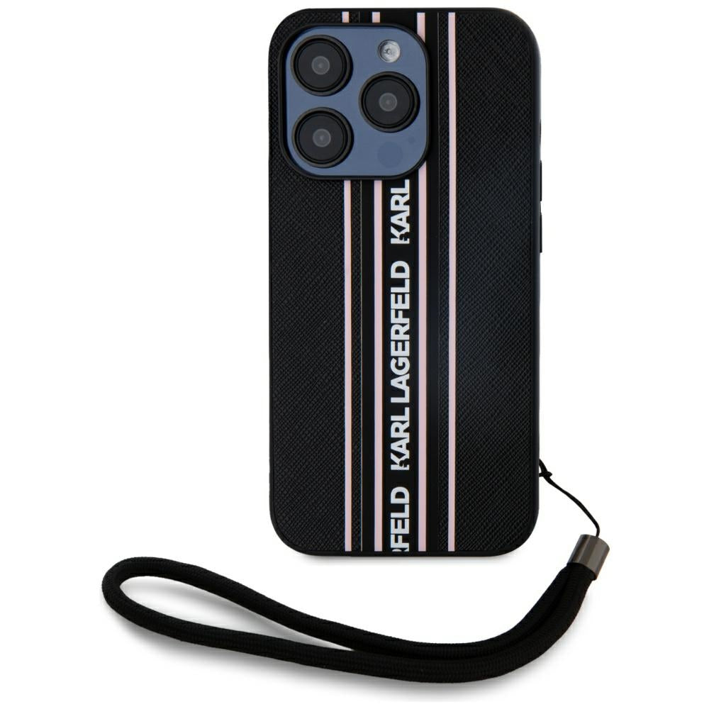 Husa pentru Apple iPhone 15 Pro, Karl Lagerfeld, Saffiano Athleisure Stripes with Strap, Roz