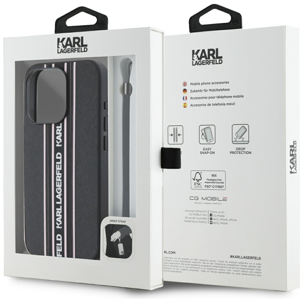 Husa pentru Apple iPhone 15 Pro, Karl Lagerfeld, Saffiano Athleisure Stripes with Strap, Roz