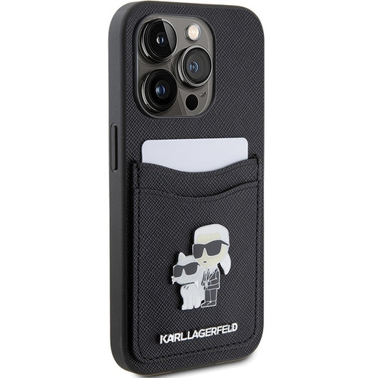 Husa pentru Apple iPhone 15 Pro, Karl Lagerfeld, Saffiano Card Slot Metal Karl & Choupette, Neagra