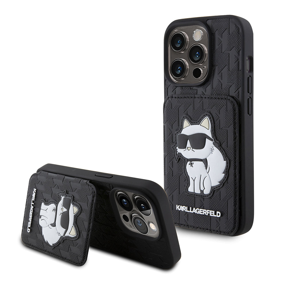 Husa pentru Apple iPhone 15 Pro, Karl Lagerfeld, Saffiano Cardslots and Stand Monogram Choupette, Neagra