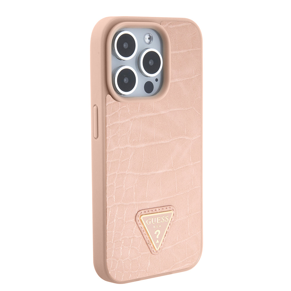 Husa pentru Apple iPhone 15 Pro Max, Guess, Croco Triangle Metal Logo, Roz