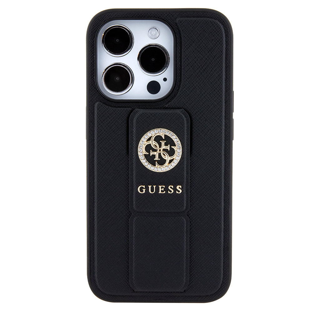 Husa pentru Apple iPhone 15 Pro Max, Guess, Grip Stand 4G Saffiano Strass, Neagra