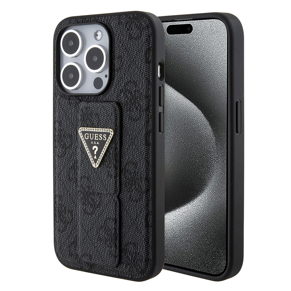 Husa pentru Apple iPhone 15 Pro Max, Guess, Grip Stand 4G Triangle Strass, Neagra