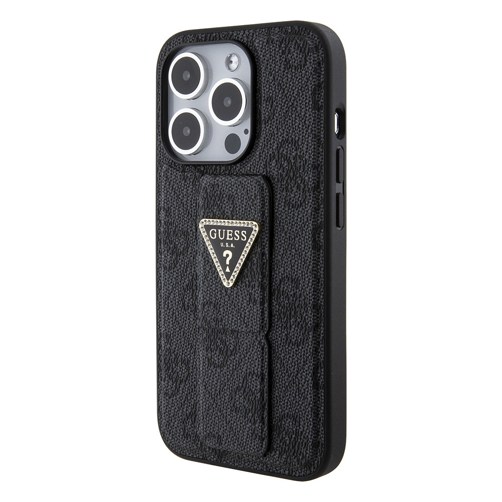 Husa pentru Apple iPhone 15 Pro Max, Guess, Grip Stand 4G Triangle Strass, Neagra