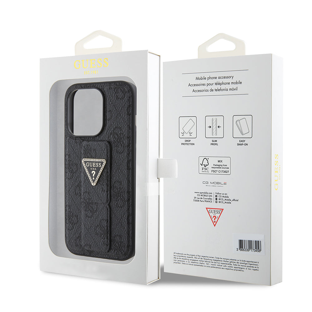 Husa pentru Apple iPhone 15 Pro Max, Guess, Grip Stand 4G Triangle Strass, Neagra