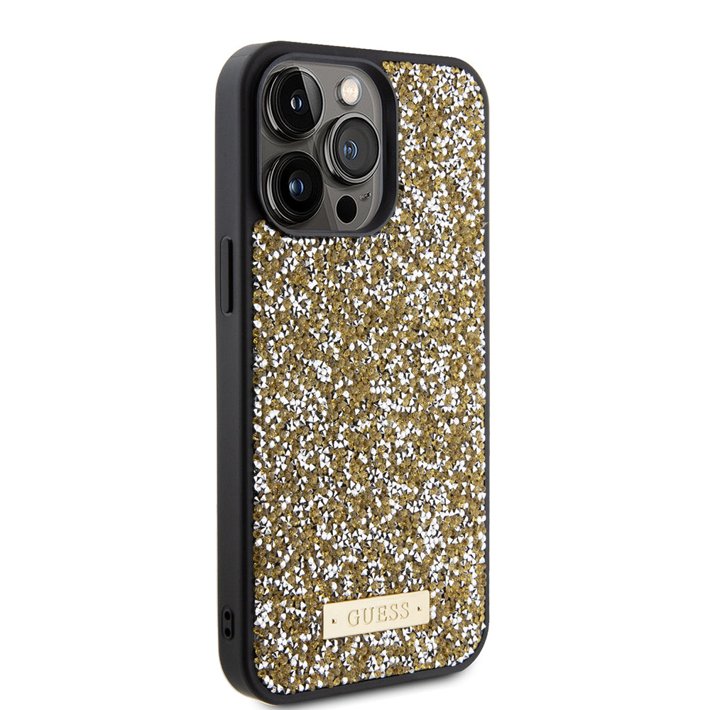 Husa pentru Apple iPhone 15 Pro Max, Guess, Rhinestone Metal Logo, Galbena