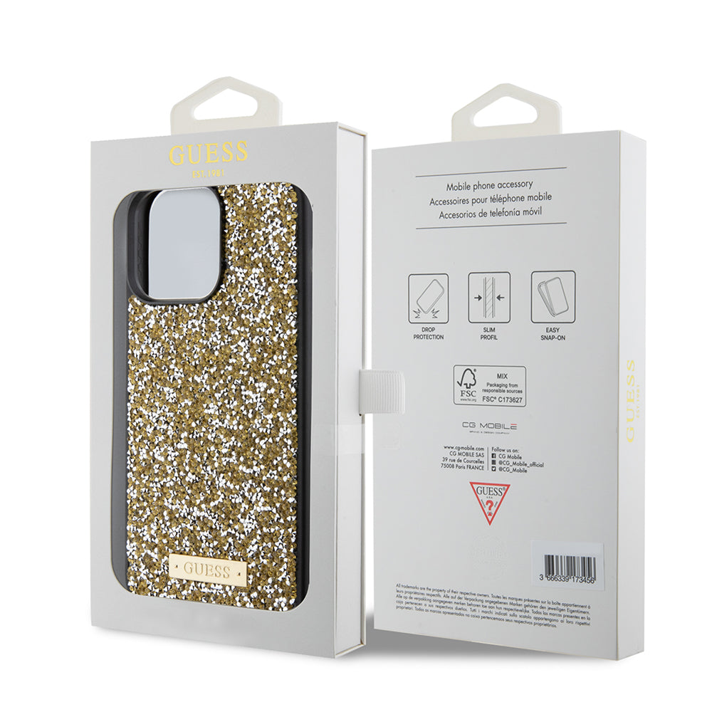 Husa pentru Apple iPhone 15 Pro Max, Guess, Rhinestone Metal Logo, Galbena