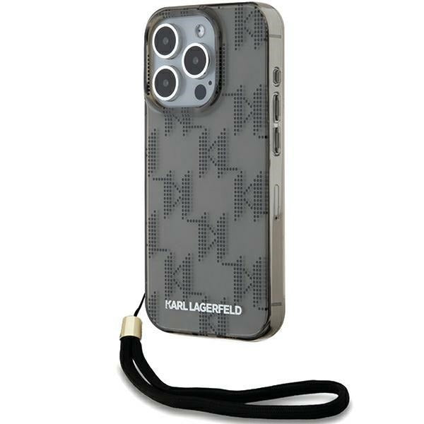 Husa pentru Apple iPhone 15 Pro Max, Karl Lagerfeld, IML Luxury Monogram KL Pattern with Strap, Neagra