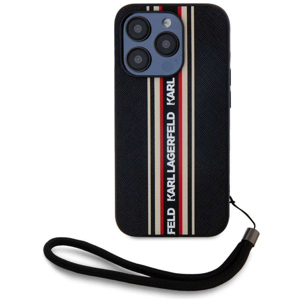 Husa pentru Apple iPhone 15 Pro Max, Karl Lagerfeld, Saffiano Athleisure Stripes with Strap, Rosie