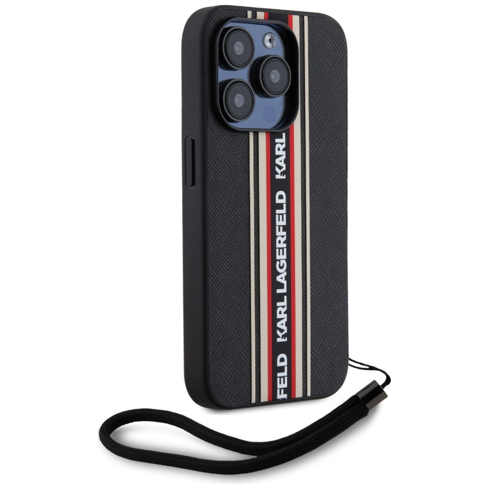 Husa pentru Apple iPhone 15 Pro Max, Karl Lagerfeld, Saffiano Athleisure Stripes with Strap, Rosie