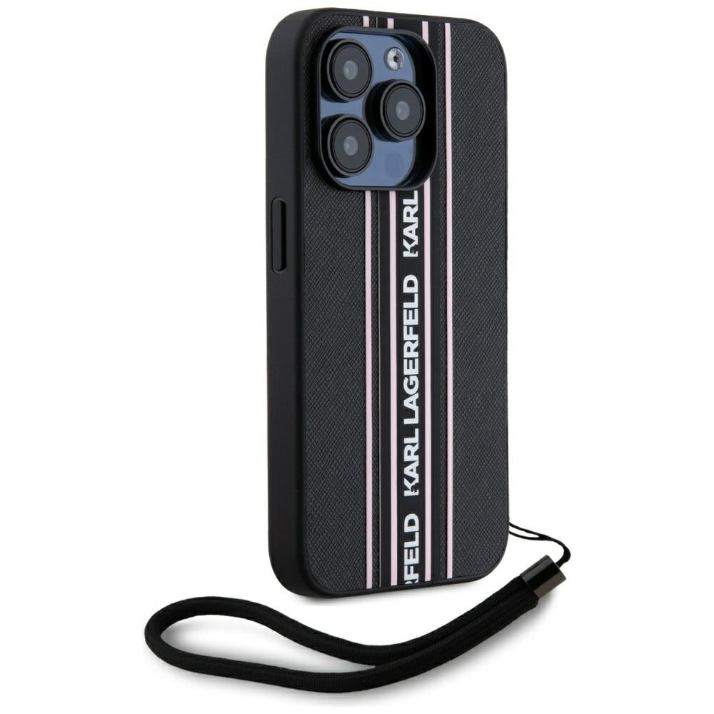 Husa pentru Apple iPhone 15 Pro Max, Karl Lagerfeld, Saffiano Athleisure Stripes with Strap, Roz