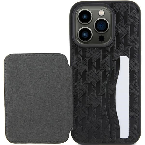 Husa pentru Apple iPhone 15 Pro Max, Karl Lagerfeld, Saffiano Cardslots and Stand Monogram Ikonik Karl, Neagra