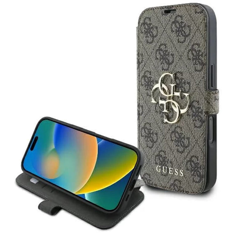Husa pentru Apple iPhone 16, Guess, 4G Book, Maro