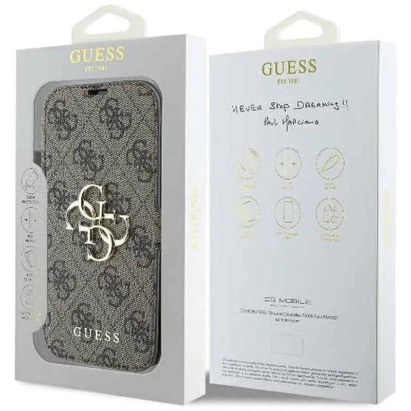 Husa pentru Apple iPhone 16, Guess, 4G Book, Maro