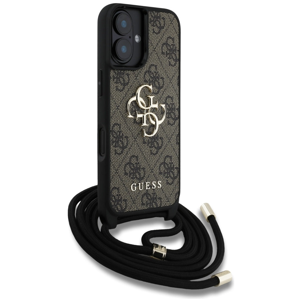 Husa pentru Apple iPhone 16, Guess, 4G CBDY Big Logo with Cord Strap, Maro