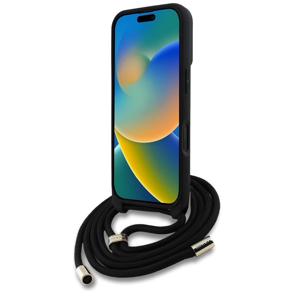 Husa pentru Apple iPhone 16, Guess, 4G CBDY Big Logo with Cord Strap, Maro