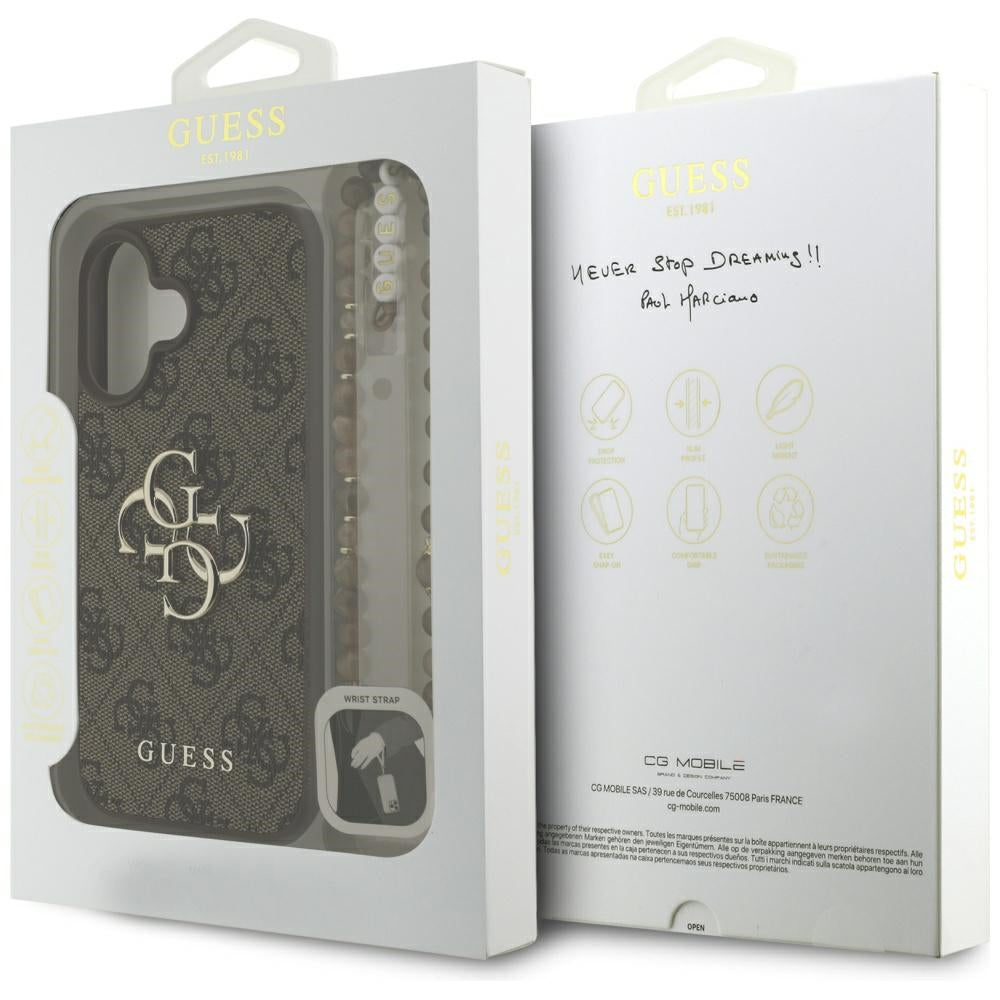 Husa pentru Apple iPhone 16, Guess, 4G Classic Logo with Strap, Maro