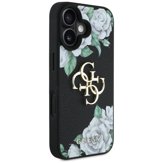 Husa pentru Apple iPhone 16, Guess, 4G Grained Roses Big Logo, Neagra