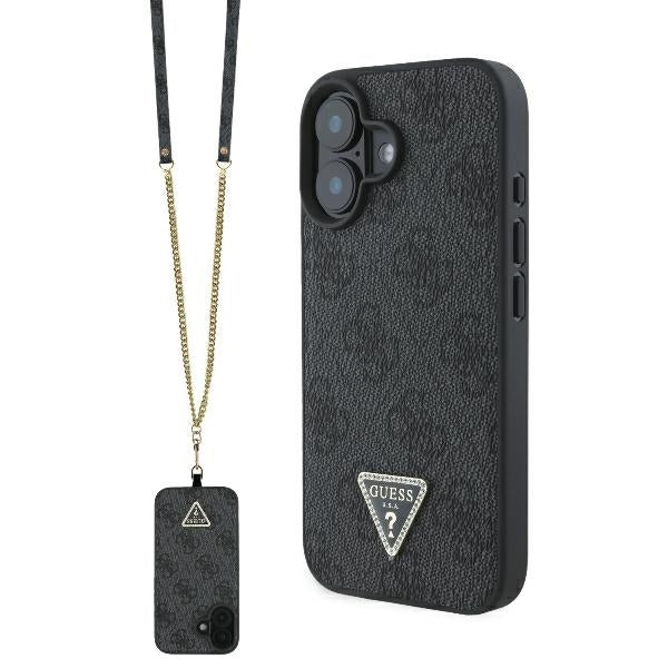 Husa pentru Apple iPhone 16, Guess, Crossbody 4G Triangle Strass, Neagra