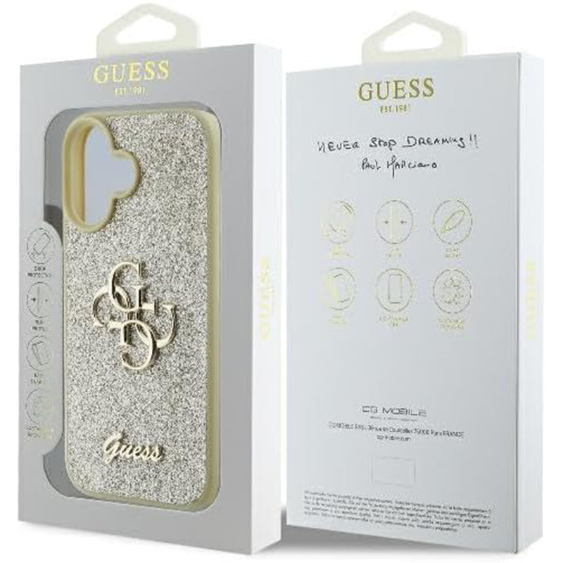 Husa pentru Apple iPhone 16, Guess, Fixed Glitter Big 4G, Aurie