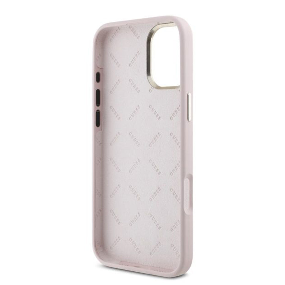 Husa pentru Apple iPhone 16, Guess, Script Metal Logo & Frame, Roz