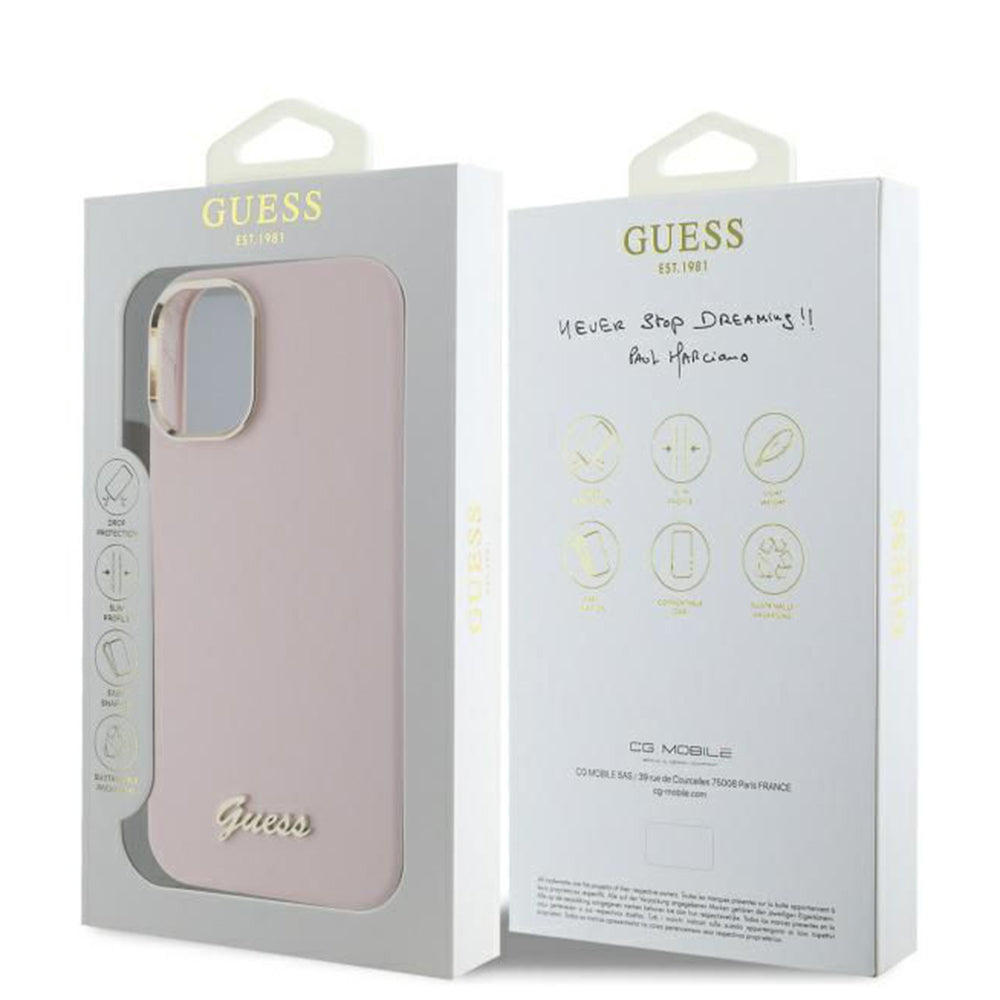 Husa pentru Apple iPhone 16, Guess, Script Metal Logo & Frame, Roz