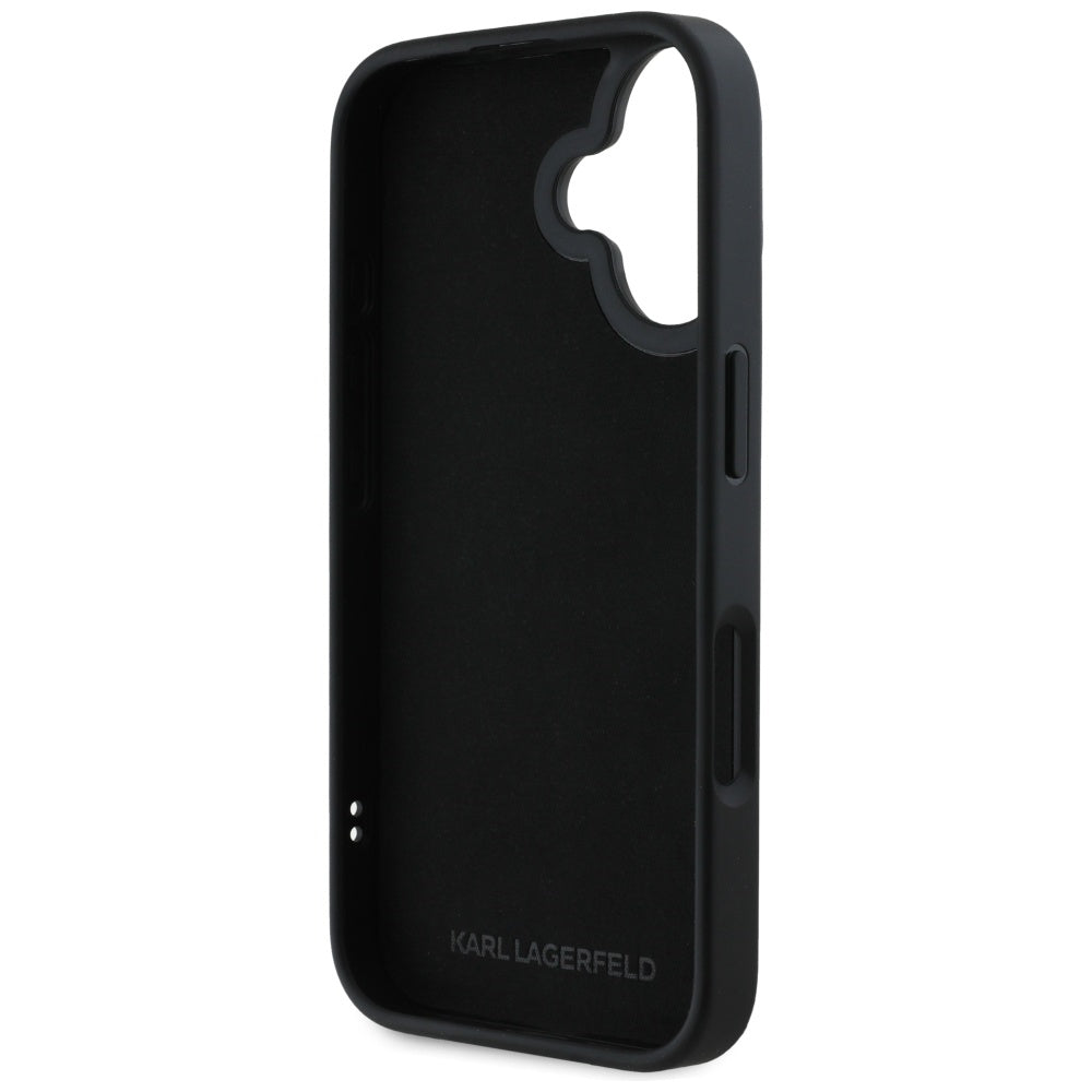 Husa pentru Apple iPhone 16, Karl Lagerfeld, 3D Rubber Elongated Gliiter Logo, Neagra