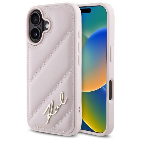 Husa pentru Apple iPhone 16, Karl Lagerfeld, Diagonal Quilted Script, Roz