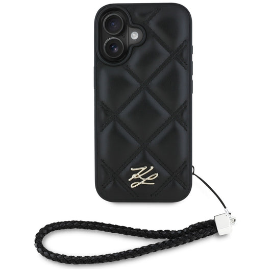 Husa pentru Apple iPhone 16, Karl Lagerfeld, Quilted Initial Logo & Chain Strap, Neagra