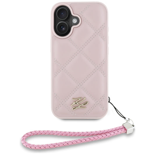 Husa pentru Apple iPhone 16, Karl Lagerfeld, Quilted Initial Logo & Chain Strap, Roz