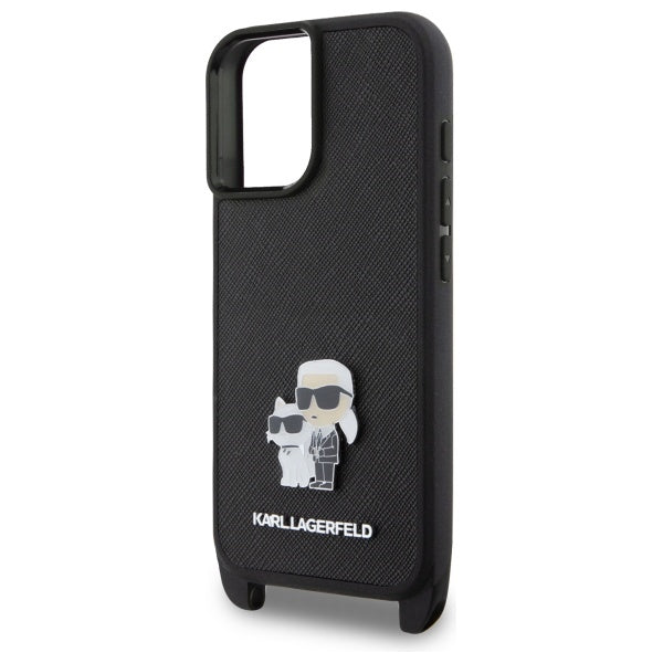 Husa pentru Apple iPhone 16, Karl Lagerfeld, Saffiano Crossbody Metal Pin Karl & Choupette, Alba