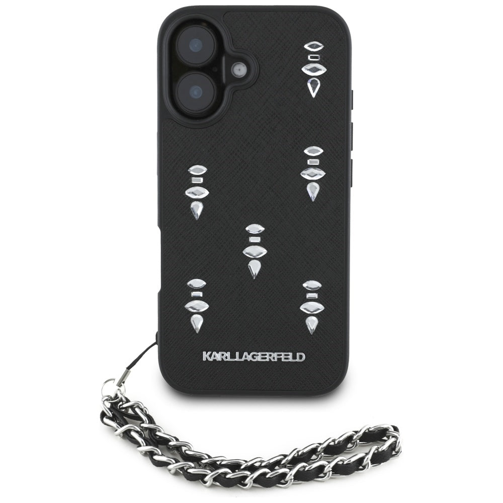 Husa pentru Apple iPhone 16, Karl Lagerfeld, Saffiano Crystals & Charm, Neagra