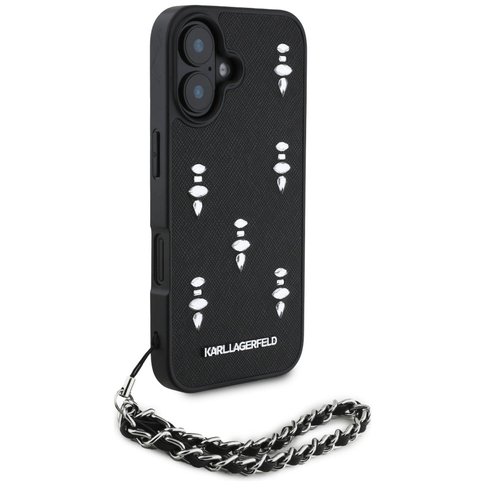 Husa pentru Apple iPhone 16, Karl Lagerfeld, Saffiano Crystals & Charm, Neagra