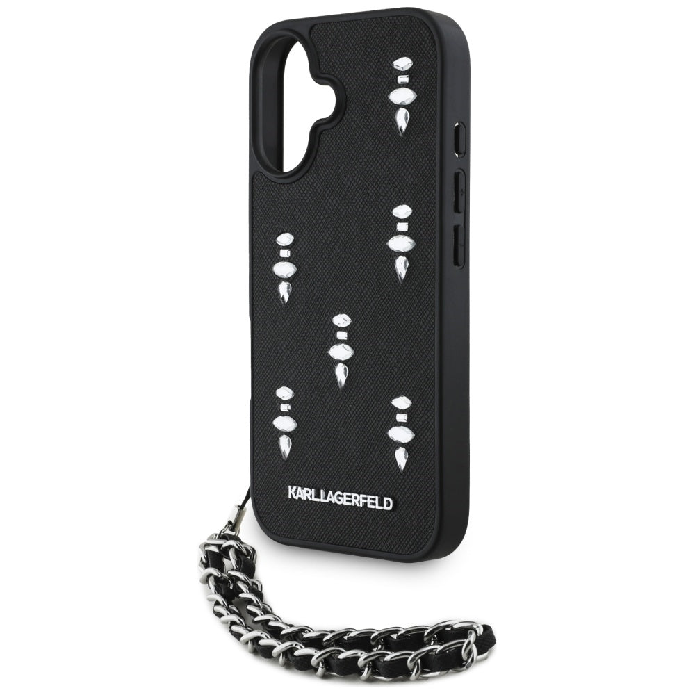 Husa pentru Apple iPhone 16, Karl Lagerfeld, Saffiano Crystals & Charm, Neagra