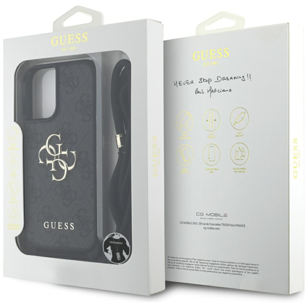Husa pentru Apple iPhone 16 Plus, Guess, 4G CBDY Big Logo with Cord Strap, Neagra