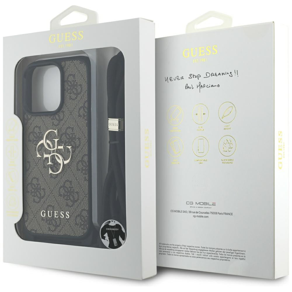 Husa pentru Apple iPhone 16 Pro, Guess, 4G CBDY Big Logo with Cord Strap, Maro